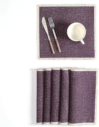 Hausattire Cotton Frayed Placemats Set of 6 Dining Table 14x14 Inch | Rustic Vintage Boho Washable Easter Placemat for Outdoor Parties BBQ's Spring, Holiday, Special Occasions, Nubby Cotton - Plum