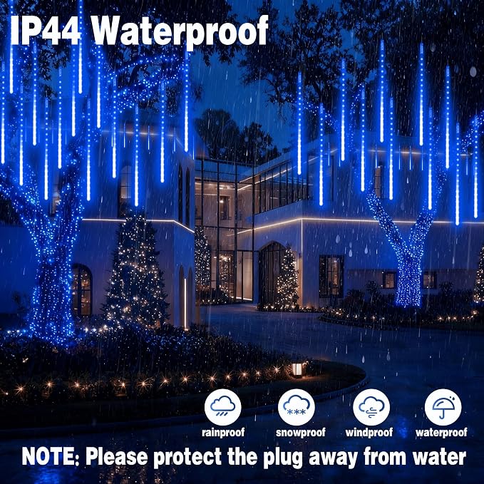 EEIEER Meteor Shower Lights, 11.8 inches 10 Tubes 240 LED Christmas Meteor Lights Snowfall Light for Outdoor Decoration, Waterproof Falling Rain Drop Light for Garden Tree Party Holiday-Blue