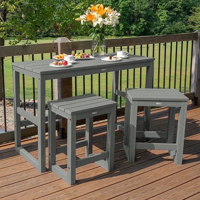 highwood Monroe 3-Piece Counter Height Modern Balcony Set, 1 Table and 2 Stools, Coastal Teak