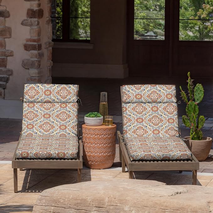 Arden Outdoor Chaise Cushion, 21 in x 72 in, Weather-Proof, Rain-Proof, Fade Resistant Patio Cushion for Chaise Lounger Global Vintage Medallion