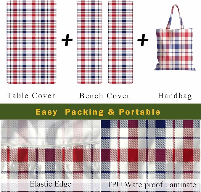 Fitted Picnic Table Cover with Bench Covers Elastic Waterproof Oil-Proof VintageTablecloths for 6 Foot Rectangle Tables Dining Outdoor Patio Camping Essentials (Blue Red Buffalo Plaid, 6 Foot)