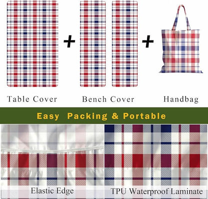 Fitted Picnic Table Cover with Bench Covers Elastic Waterproof Oil-Proof VintageTablecloths for 6 Foot Rectangle Tables Dining Outdoor Patio Camping Essentials (Blue Red Buffalo Plaid, 6 Foot)
