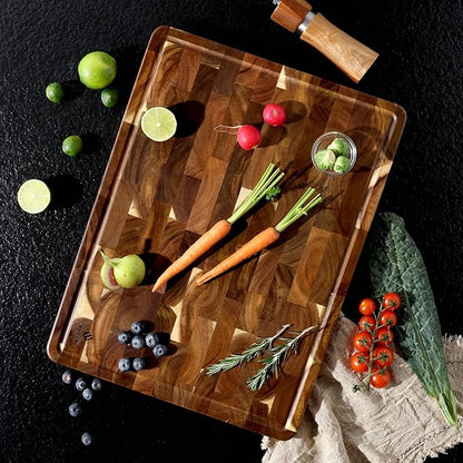 Extra Large End Grain Cutting Board for Kitchen with Non-slip Feet, Acacia Wood Heavy Duty Checkered Cutting Board Handcrafted Luxury Chopping Board for Cheese and Vegetables Housewarming Gift