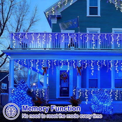 YEGUO 66ft 800 LED Blue and White Icicle Lights Outdoor Waterproof, 160 Drops Icicle String Lights Connectable, 8 Modes Icicle Christmas Lights with Memory Timer