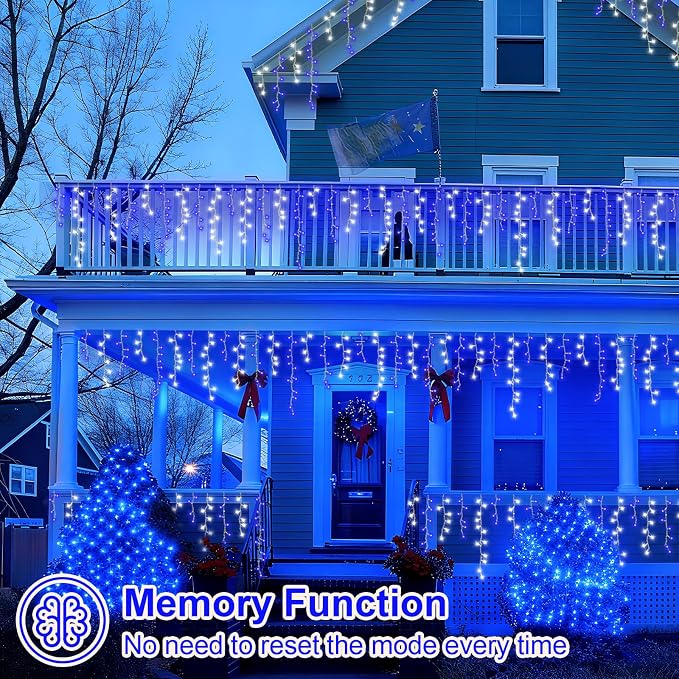 YEGUO 33ft 400 LED Blue and White Icicle Lights Outdoor Waterproof, 80 Drops Icicle String Lights Connectable, 8 Modes Icicle Christmas Lights with Memory Timer