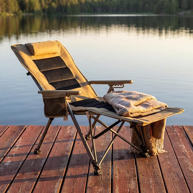 Adjustable Folding Beach Chair, Portable Camping Chair for Adults with Backrest, Reclining Outdoor Chair with Cup Holder & Pocket, Foldable Low Beach Chair for Camping, Picnic, Khaki