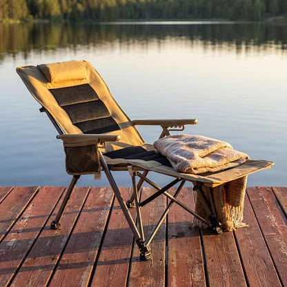 Adjustable Folding Beach Chair, Portable Camping Chair for Adults with Backrest, Reclining Outdoor Chair with Cup Holder & Pocket, Foldable Low Beach Chair for Camping, Picnic, Khaki