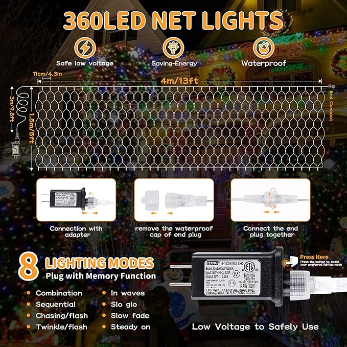 HEYFUNi Net Mesh String Lights, 360LED Multicolor Light Bulbs, 8 Lighting Modes, for Indoor Outdoor, Curtain, Christmas Tree, Bush, Party, Wedding, Fairy, Wall Decor (13 ft x 5 ft,Multicolor)