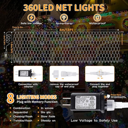HEYFUNi Net Mesh String Lights, 360LED Multicolor Light Bulbs, 8 Lighting Modes, for Indoor Outdoor, Curtain, Christmas Tree, Bush, Party, Wedding, Fairy, Wall Decor (13 ft x 5 ft,Multicolor)