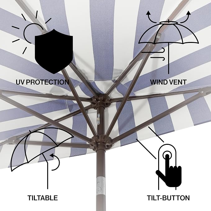 JONATHAN Y Beverly 9 ft. Striped Half Umbrella, Navy/Dark Brown | Coastal Scalloped Fringe, Crank Lift, 30 Degree Manual Tilt, UV 50 Polyester Canopy, Aluminum Frame, Space Saving Design