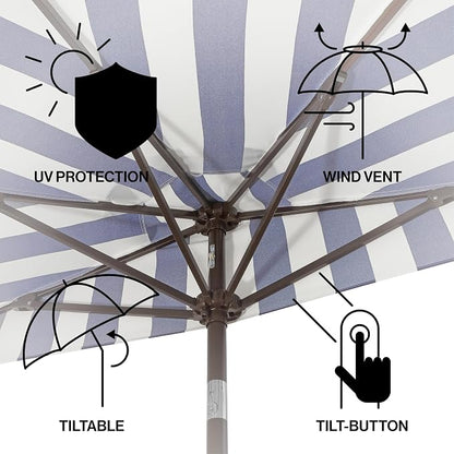 JONATHAN Y Beverly 9 ft. Striped Half Umbrella, Navy/Dark Brown | Coastal Scalloped Fringe, Crank Lift, 30 Degree Manual Tilt, UV 50 Polyester Canopy, Aluminum Frame, Space Saving Design