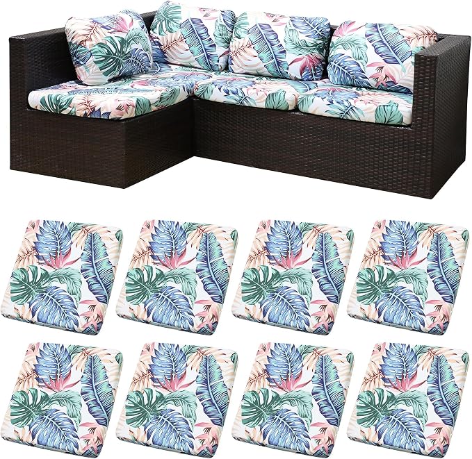 8Pcs Patio Cushion Covers, Outdoor Stretch Cushion Covers, Washable | Stretch Fit, Replacement, Washable and Reusable Furniture Protectors, Fits most patio furniture cushion covers, Cover Only