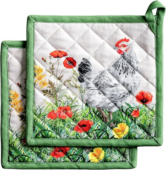 Maison d' Hermine Pot Holders 100% Cotton Heat Resistant Potholders 8" x 8" Hot Pads with Loop BBQ Cooking Baking Hotel Farmhouse Kitchen Handling Hot Pans Spring Summer (Pack of 2, Basse Cour)