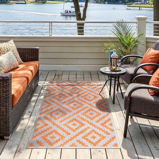 GENIMO Outdoor Rug 3'x5' Waterproof for Porch, Plastic Door Mat Orange Grey | Outside Modern Carpet Mat for Patio Decor, Porch, Deck, Balcony, Camping, RV, Picnic, Beach, Reversible, Foldable