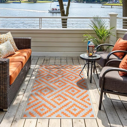 GENIMO Outdoor Rug 3'x5' Waterproof for Porch, Plastic Door Mat Orange Grey | Outside Modern Carpet Mat for Patio Decor, Porch, Deck, Balcony, Camping, RV, Picnic, Beach, Reversible, Foldable