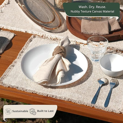 Hausattire Cotton Frayed Placemats Set of 4 Dining Table 14x14 Inch | Rustic Vintage Boho Washable Easter Placemat for Outdoor Parties BBQ's Wedding, Holiday, Special Occasions, Nubby Cotton - Natural