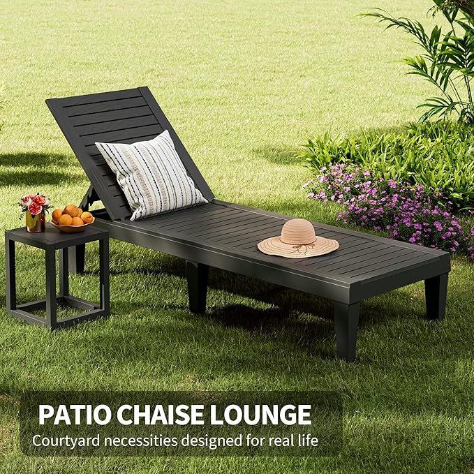 Outdoor Chaise Lounge Chairs Set of 2, 5-Position Adjustable Tanning Lounge Chairs with Wood Texture, All-Weather Resin Patio Lounge Chair for Pool, Garden, Deck, Beach, Striped Black