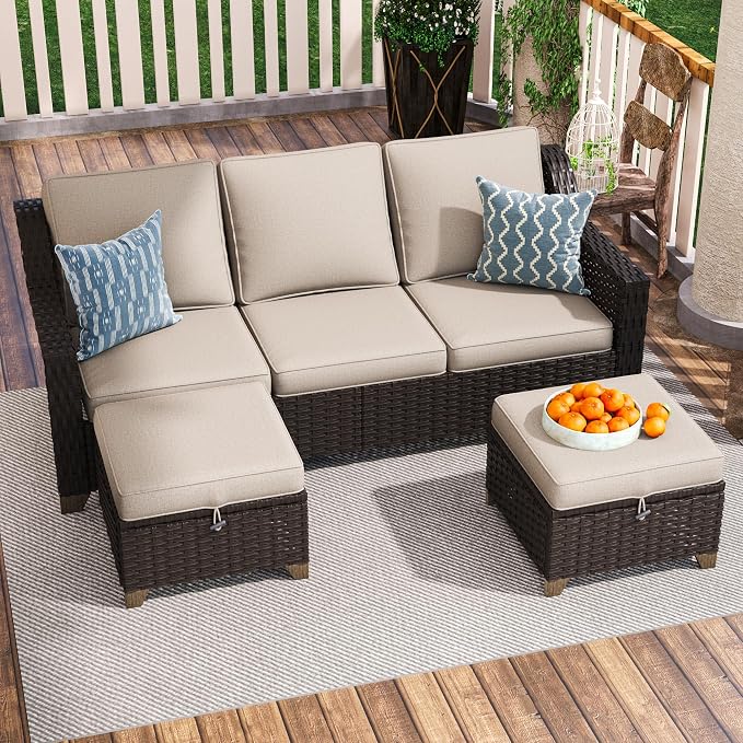 3 Pieces Outdoor Conversation Furniture Set - 77" Patio Sofa, 2 Rattan Wicker Ottomans, Patio Wicker Couch Set with Water-Resistant and Washable Cushions for Sunroom, Deck, Porch (Beige)