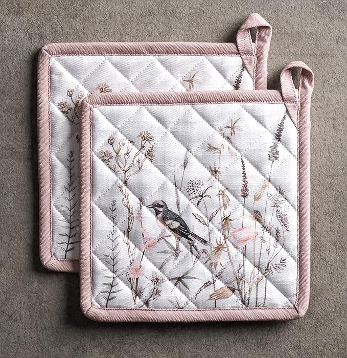 Maison d' Hermine Pot Holders 100% Cotton Heat Resistant Potholders 8" x 8" Hot Pads with Loop Baking Hotel Farmhouse Kitchen Handling Hot Pans Spring Summer (Pack of 2, Meadow Florals - Brown)