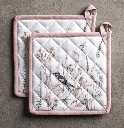 Maison d' Hermine Pot Holders 100% Cotton Heat Resistant Potholders 8" x 8" Hot Pads with Loop Baking Hotel Farmhouse Kitchen Handling Hot Pans Spring Summer (Pack of 2, Meadow Florals - Brown)