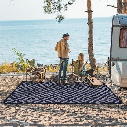 GENIMO Outdoor Rug, Waterproof Plastic Rugs 9'x12' for Camping Blue Grey | Outside Larger Modern Carpet Mat for Porch Decor, Deck, Balcony, Camping, RV, Backyard, Picnic, Beach, Reversible, Foldable