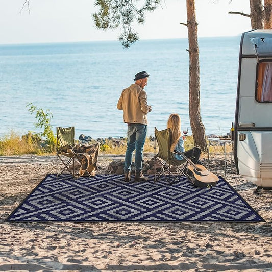 GENIMO Outdoor Rug, Waterproof Plastic Rugs for Patio, 5'x8' Blue Grey | Outside Larger Modern Carpet Mat for Porch Decor, Deck, Balcony, Camping, RV, Backyard, Picnic, Beach, Reversible, Foldable