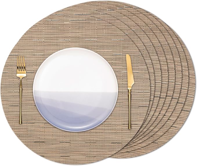 15 Inch Round Placemats Set of 8, Washable Vinyl Woven Place Mats | Heat Resistant Non-Slip Braided Table Mats for Dining Table Kitchen Indoor & Outdoor Use (Light Brown, Set of 8)