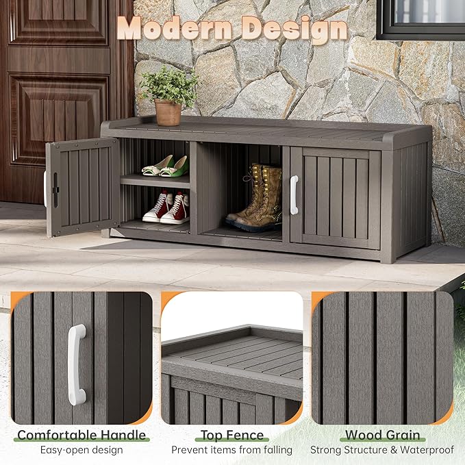 Bifanuo Shoe Storage Cabinet, 2-Door Outdoor Storage Bench with Adjustable Shelves, Waterproof UV-Resistant for Hallway, Living Room, Entryway, Large Capacity Modern Organizer (Grey)