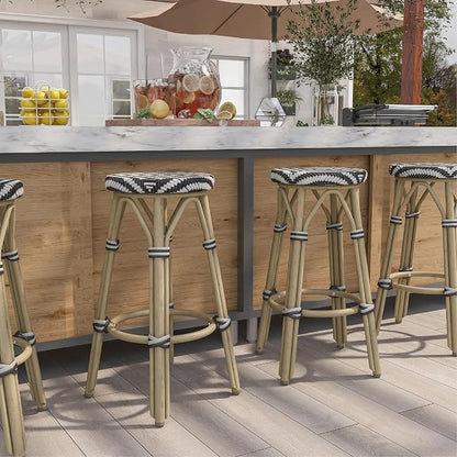 Seadrift Boho 26-inch Aluminum and All-Weather Wicker Barstools with Footrest, Patio Stools & Bar Chairs for Outdoor, Kitchen Counter, Poolside, Yard, Set of 2, Dark Brown and Beige