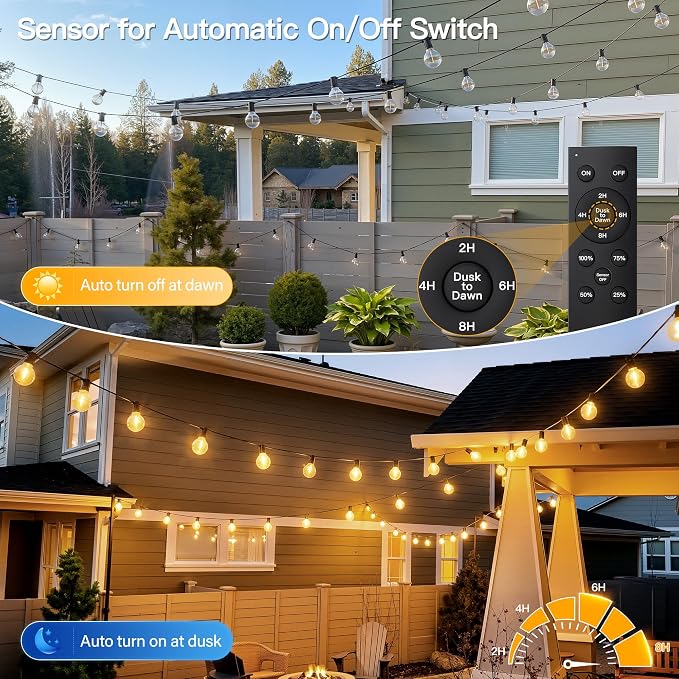 100FT Outdoor String Lights with Remote, 50 + 3 Spare G40 LED Bulbs Plug in Connectable Dimmable Patio Lights, Waterproof Hanging Lights for Outside Backyard Balcony Yard Deck Party