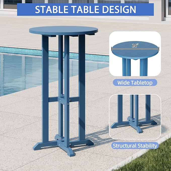 Shintenchi 3 Pieces Outdoor High Top Bar Set, 1 Patio High Top Round Table and 2 Bar Height Tall Adirondack Chair, All-Weather Outdoor Bistro Bar Set for Balcony Pool Deck, Blue