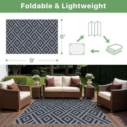 GENIMO Outdoor Rug, Waterproof Plastic Rugs for Patio, 6'x9' Cloud Blue | Outside Larger Modern Carpet Mat for Porch Decor, Deck, Balcony, Camping, RV, Backyard, Picnic, Beach, Reversible, Foldable