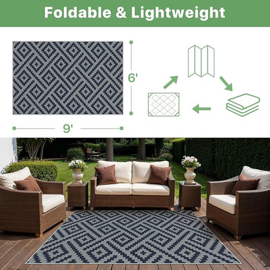 GENIMO Outdoor Rug, Waterproof Plastic Rugs for Patio, 6'x9' Cloud Blue | Outside Larger Modern Carpet Mat for Porch Decor, Deck, Balcony, Camping, RV, Backyard, Picnic, Beach, Reversible, Foldable