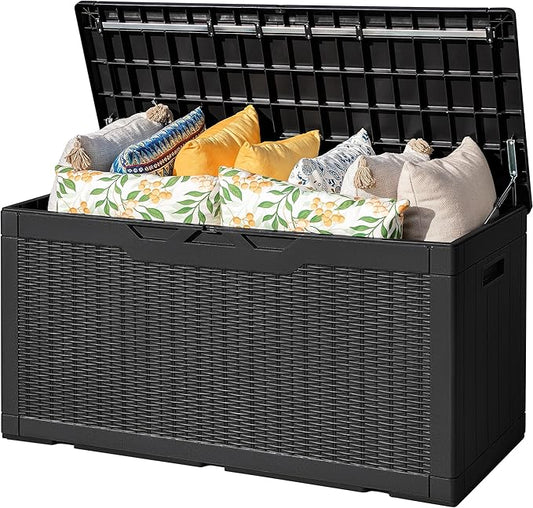 Flamaker Outdoor Storage Box 100 Gallon Waterproof Resin Deck Box Delivery Box with Air Rod Indoor Outdoor Lockable Storage Bench for Patio Cushions, Tools, Pool Accessories (Black)