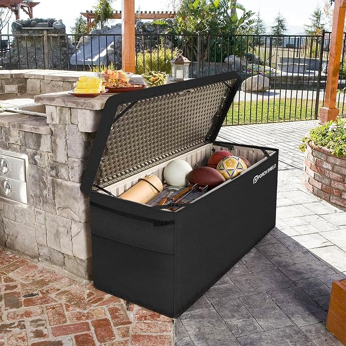 Porch Shield Patio Deck Box Storage Cover - 600D Outdoor Waterproof Tear Resistant Rectangular Fire Pit Table Cover 56 x 26 x 26 inches（Top Zipper, Black）