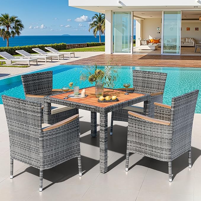 Shintenchi 5 PCS Patio Dining Set, Wicker Patio Conversation Set with Wooden Table Top, Outdoor Table and Chairs with Soft Cushions for Backyard, Deck and Garden, Grey Rattan