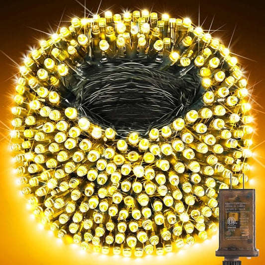 KNONEW 600ft 1500 LED Christmas String Lights Outdoor Green Wire 8 Modes & Timer Fairy Light Plug in Waterproof Patio Lights for Xmas Yard Tree Wedding Party Holiday Decorations (Warm White)