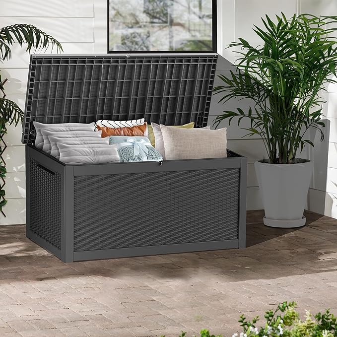 320 Gallon Outdoor Storage Box, Extra Large Waterproof Resin Deck Box with Lockable Lid Storage Bin for Patio Furniture Cushion, Garden Tools, Pool Accessories, UV-Resistant Outside, Black