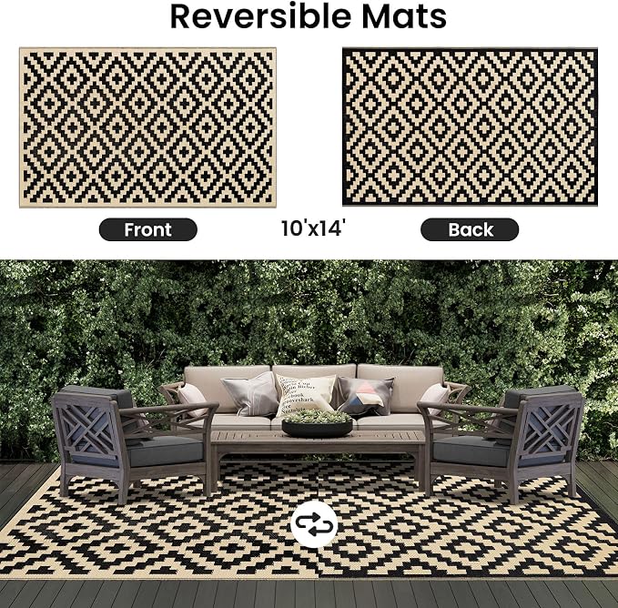 Smiry Outdoor Rug 10x14 ft Waterproof Reversible Boho Mat, Black & Beige | Polypropylene Plastic Straw, Quick Drying, Lightweight Foldable, for Patio, Deck, RV Camping, Backyard and Indoor Outdoor Use