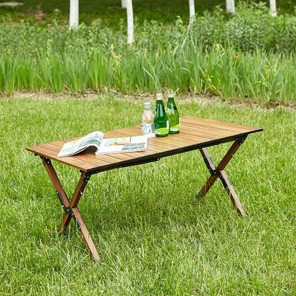 1-piece Folding Outdoor Table,Lightweight Aluminum Roll-up Rectangular Table for Indoor, Outdoor Camping, Picnics,Beach,Backyard, BBQ, Party, Patio, Brown