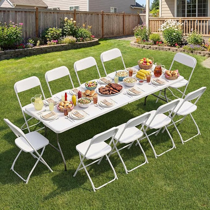 Sweetcrispy 8 FT Folding Picnic Table with 10 White Folding Chairs, Easy to Fold and Store, Foldable Table for Camping Picnic Dining Party Kitchen Outdoor Indoor with Carrying Handle