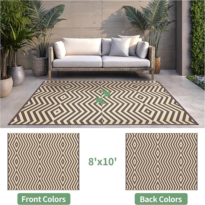 GENIMO Outdoor Rug, Waterproof Plastic Rugs for Patio, 8'x10' Mocha Beige | Outside Larger Modern Carpet Mat for Porch Decor, Deck, Balcony, Camping, RV, Backyard, Picnic, Beach, Reversible, Foldable