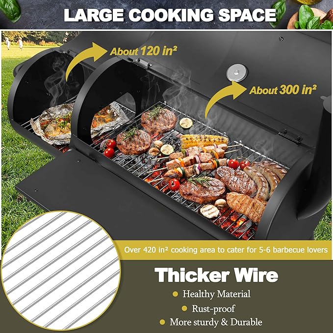 Barrel Charcoal Grill with offset Smoker(420.SQ.IN), Joyfair Large Outdoor BBQ Grills with Chimney Starter Set For Grilling, Smoking, Roasting, with Thermometer & Front Table, 6 S-Hooks & Clamp