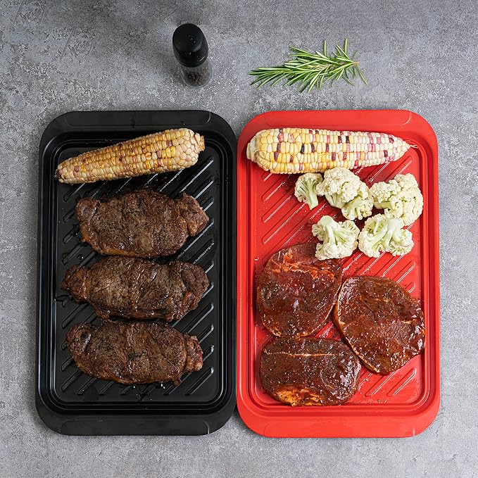 TP 17" x 10.5" Grilling Prep and Serve Trays, Set of 2, Black&Red | Melamine BBQ Trays, Serving Platters for Meats, Raw and Cooked Food Separation, Grill Accessories, Break-resistant