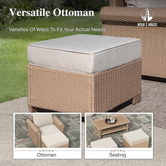 HERA'S HOUSE Patio Furniture Set, 4 x Cushioned Chairs, 3-Seat Sofa with Wood Grain Coffee Table, 5 Seats Luxury Windsor Style All Weahter Outdoor Sofa Conversation Set for Deck Lawn Backyard