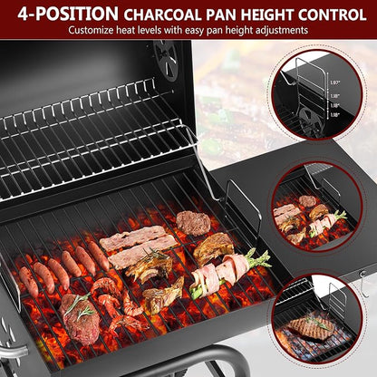 Barrel Charcoal Grill, 388 Sq. In. Outdoor BBQ Grill | 4-level adjustable charcoal pan, thermometer, warming rack, side shelf with hooks, wheels and bottom storage rack