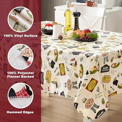 Newbridge 60 x 84 Inch Rectangle Vinyl Tablecloth with Flannel Backing, Italian Bistro Chef, Novelty Chef Indoor Outdoor Waterproof Table Cover for Picnic, Barbecue, Patio and Kitchen Dining, Ivory