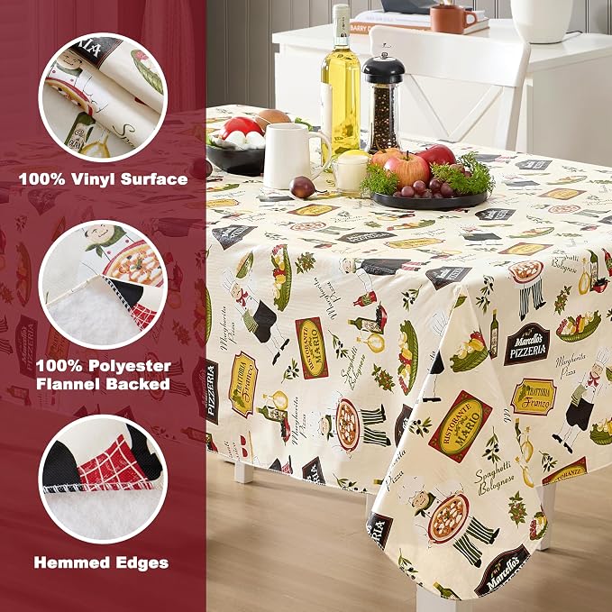 Newbridge 52 x 52 Inch Rectangle Vinyl Tablecloth with Flannel Backing, Italian Bistro Chef, Novelty Chef Indoor Outdoor Waterproof Table Cover for Picnic, Barbecue, Patio and Kitchen Dining, Ivory