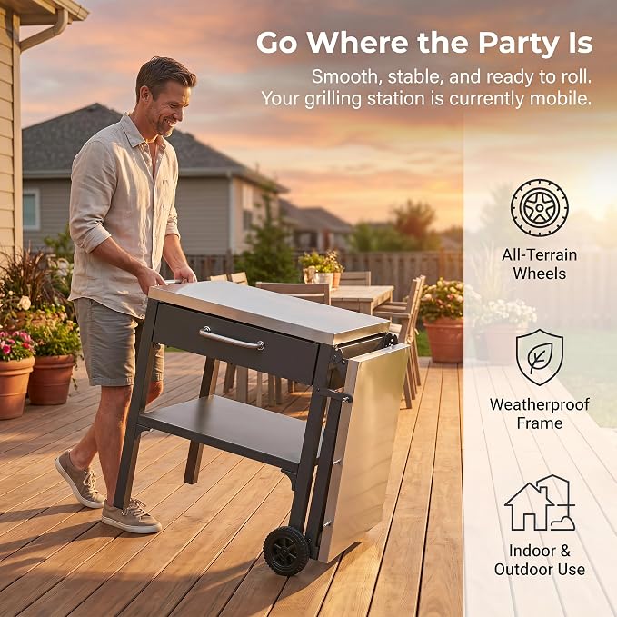 55” Outdoor Grill Table with Storage Cabinet & Folding, Metal | Stainless Steel Top Grill Cart for Kitchen with Wheels & Hooks, Kitchen Island Prep Table/Pizza Oven Table for BBQ Backyard
