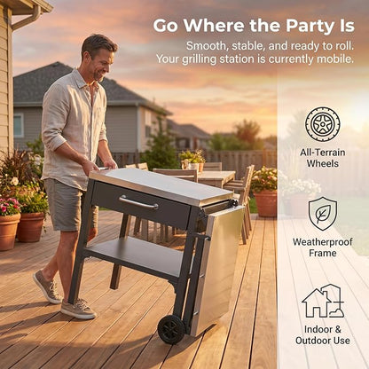 55” Outdoor Grill Table with Storage Cabinet & Folding, Metal | Stainless Steel Top Grill Cart for Kitchen with Wheels & Hooks, Kitchen Island Prep Table/Pizza Oven Table for BBQ Backyard